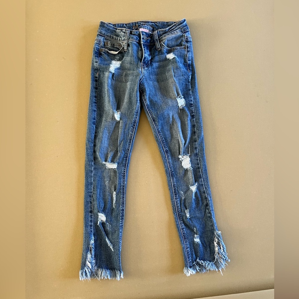Blue Desire mid rise, distressed jeans, size 1.